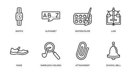 education outline icons set. thin line icons such as watch, alphabet, watercolor, law, shoe, sherlock holmes, attachment, school bell vector.