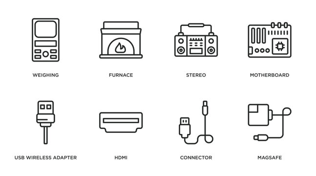 electronic devices outline icons set. thin line icons such as weighing, furnace, stereo, motherboard, usb wireless adapter, hdmi, connector, magsafe vector.