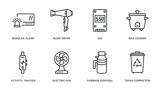 electronic devices outline icons set. thin line icons such as burglar alarm, blow dryer, ssd, rice cooker, activity tracker, electric fan, garbage disposal, trash compactor vector.
