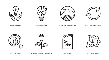 ecology outline icons set. thin line icons such as save energy, bio energy, landscape image, reload arrows, eco power, green energy source, biofuel, eco industry vector.