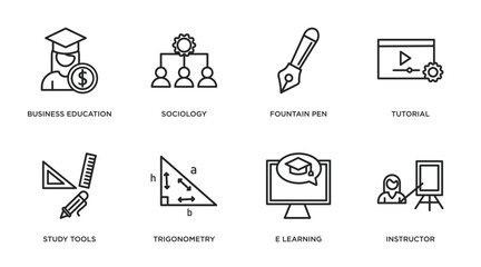 e learning and education outline icons set. thin line icons such as business education, sociology, fountain pen, tutorial, study tools, trigonometry, e learning, instructor vector.