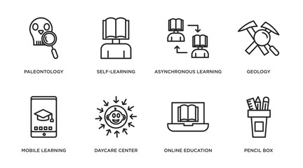 e learning and education outline icons set. thin line icons such as paleontology, self-learning, asynchronous learning, geology, mobile learning, daycare center, online education, pencil box vector.
