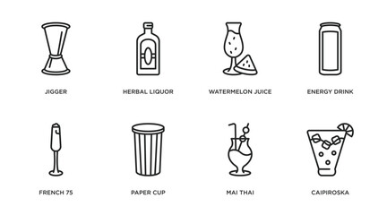 drinks outline icons set. thin line icons such as jigger, herbal liquor, watermelon juice, energy drink, french 75, paper cup, mai thai, caipiroska vector.