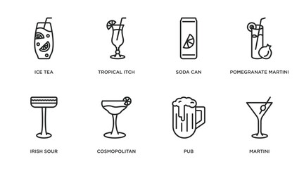 drinks outline icons set. thin line icons such as ice tea, tropical itch, soda can, pomegranate martini, irish sour, cosmopolitan, pub, martini vector.