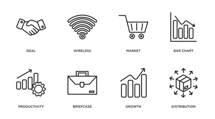 Fototapeta na wymiar digital economy outline icons set. thin line icons such as deal, wireless, market, bar chart, productivity, briefcase, growth, distribution vector.