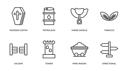 desert outline icons set. thin line icons such as wooden coffin, petroleum, horse saddle, tobacco, saloon, tower, mine wagon, directional vector.