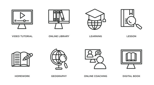 e learning and education outline icons set. thin line icons such as video tutorial, online library, learning, lesson, homework, geography, online coaching, digital book vector.