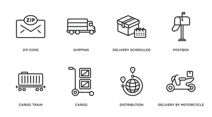 delivery and logistic outline icons set. thin line icons such as zip code, shipping, delivery scheduled, postbox, cargo train, cargo, distribution, delivery by motorcycle vector.