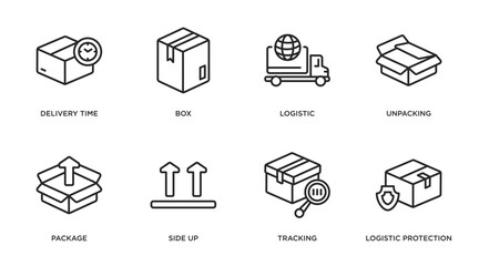 delivery and logistic outline icons set. thin line icons such as delivery time, box, logistic, unpacking, package, side up, tracking, logistic protection vector.