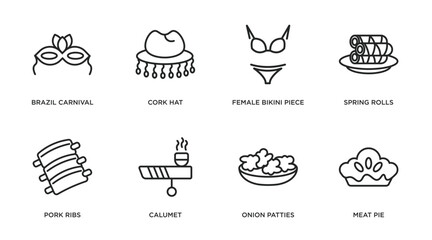 culture outline icons set. thin line icons such as brazil carnival mask, cork hat, female bikini piece, spring rolls, pork ribs, calumet, onion patties, meat pie vector.