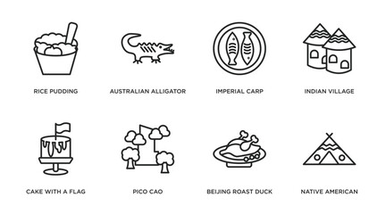 culture outline icons set. thin line icons such as rice pudding, australian alligator, imperial carp, indian village, cake with a flag, pico cao, beijing roast duck, native american wigwam vector. - obrazy, fototapety, plakaty