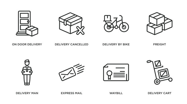 delivery and logistic outline icons set. thin line icons such as on door delivery, delivery cancelled, by bike, freight, man, express mail, waybill, cart vector.