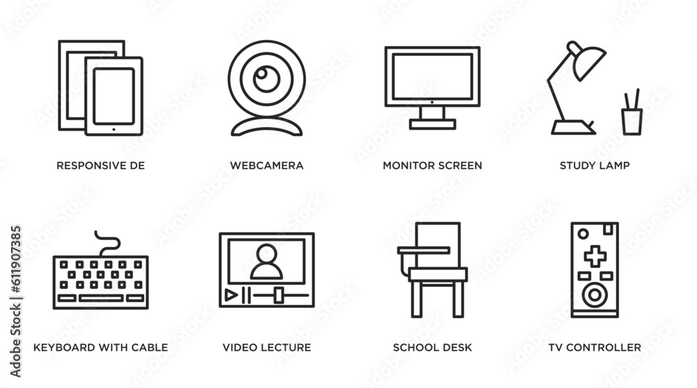 Poster computer outline icons set. thin line icons such as responsive de, webcamera, monitor screen, study 