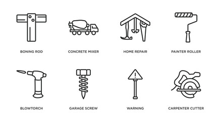 construction tools outline icons set. thin line icons such as boning rod, concrete mixer, home repair, painter roller, blowtorch, garage screw, warning, carpenter cutter vector.
