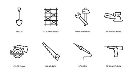 construction and tools outline icons set. thin line icons such as spade, scaffolding, improvement, sanding hine, chop saw, handsaw, solder, sealant gun vector.