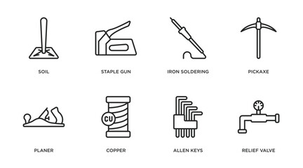 Fototapeta premium construction and tools outline icons set. thin line icons such as soil, staple gun, iron soldering, pickaxe, planer, copper, allen keys, relief valve vector.