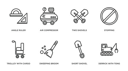 construction outline icons set. thin line icons such as angle ruler, air compressor, two shovels, stopping, trolley with cargo, sweeping broom, short shovel, derrick with tong vector.