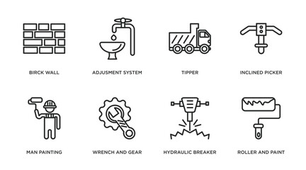 construction outline icons set. thin line icons such as birck wall, adjusment system, tipper, inclined picker, man painting, wrench and gear, hydraulic breaker, roller and paint vector.