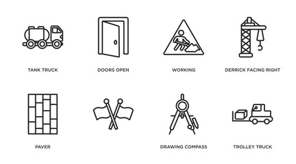 construction outline icons set. thin line icons such as tank truck, doors open, working, derrick facing right, paver, , drawing compass, trolley truck vector.