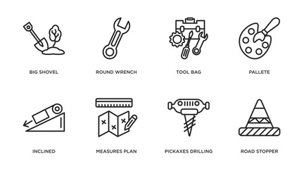 construction outline icons set. thin line icons such as big shovel, round wrench, tool bag, pallete, inclined, measures plan, pickaxes drilling, road stopper vector.
