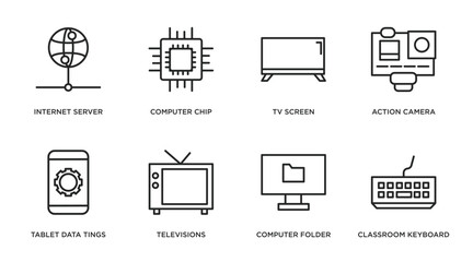 computer outline icons set. thin line icons such as internet server, computer chip, tv screen, action camera, tablet data tings, televisions, computer folder, classroom keyboard vector.