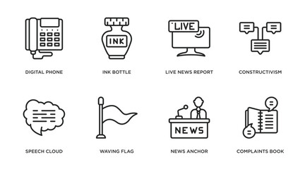 communications outline icons set. thin line icons such as digital phone, ink bottle, live news report, constructivism, speech cloud, waving flag, news anchor, complaints book vector.