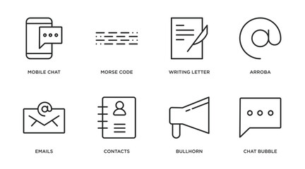 communication outline icons set. thin line icons such as mobile chat, morse code, writing letter, arroba, emails, contacts, bullhorn, chat bubble vector. © IconArt