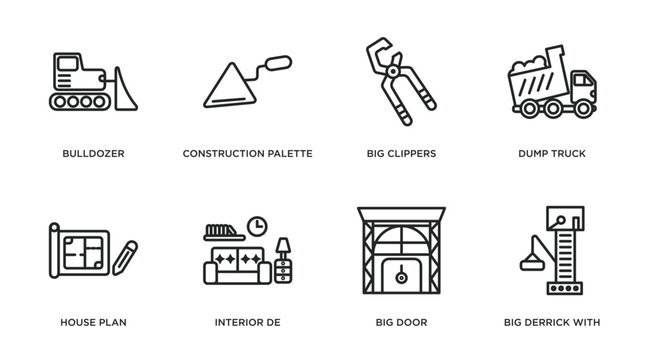 construction outline icons set. thin line icons such as bulldozer, construction palette, big clippers, dump truck, house plan, interior de, big door, big derrick with boxes vector.