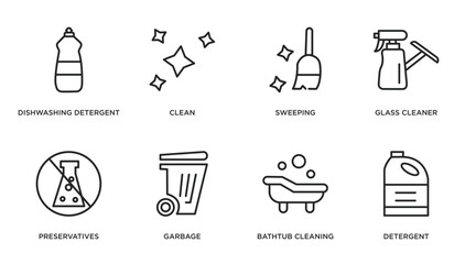 cleaning outline icons set. thin line icons such as dishwashing detergent, clean, sweeping, glass cleaner, preservatives, garbage, bathtub cleaning, detergent vector.