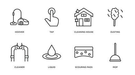 cleaning outline icons set. thin line icons such as hoover, tap, cleaning house, dusting, cleaner, liquid, scouring pads, mop vector.