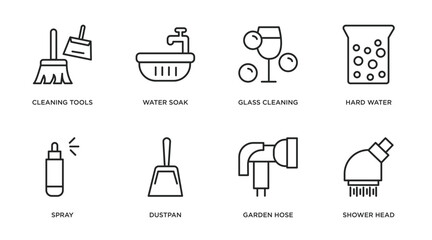 cleaning outline icons set. thin line icons such as cleaning tools, water soak, glass cleaning, hard water, spray, dustpan, garden hose, shower head vector.