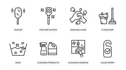 cleaning outline icons set. thin line icons such as duster, feather duster, washing hand, floor mop, soak, cleaning products, cleaning window, clean room vector.