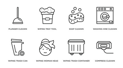 cleaning outline icons set. thin line icons such as plunger cleanin, wiping tray tool, soap cleanin, washing hine cleanin, wiping trash can, wiping woman head, trash container, compress vector.