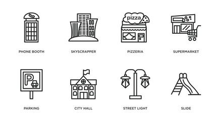 city elements outline icons set. thin line icons such as phone booth, skyscrapper, pizzeria, supermarket, parking, city hall, street light, slide vector.
