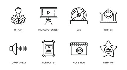 cinema outline icons set. thin line icons such as hitman, projector screen, dvd, turn on, sound effect, film poster, movie film, film star vector.