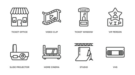 cinema outline icons set. thin line icons such as ticket office, video clip, ticket window, vip person, slide projector, home cinema, studio, vhs vector.