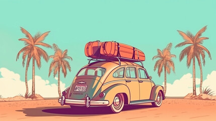 Obraz premium Funny_retro_car_with_surfboard_and_suitcase on the beach with palm trees in the background