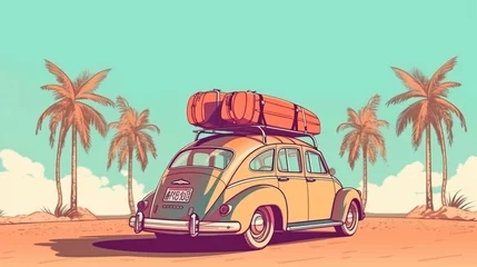 Papier Peint photo Voitures de dessin animé Funny_retro_car_with_surfboard_and_suitcase on the beach with palm trees in the background
