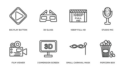cinema outline icons set. thin line icons such as big play button, 3d glass, 1080p full hd, studio mic, film viewer, 3 dimension screen, small carnival mask, popcorn box vector.