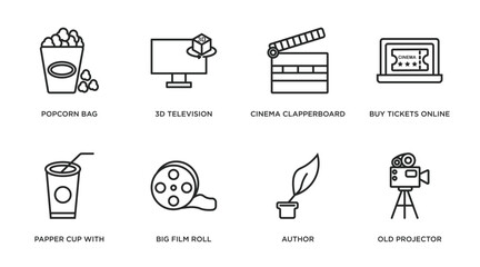cinema outline icons set. thin line icons such as popcorn bag, 3d television, cinema clapperboard, buy tickets online, papper cup with straw, big film roll, author, old projector vector.