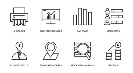 business and analytics outline icons set. thin line icons such as shredder, analytics monitor, bar stats, user stats, business skills, 3d location graph, stock data analysis, revenue vector.