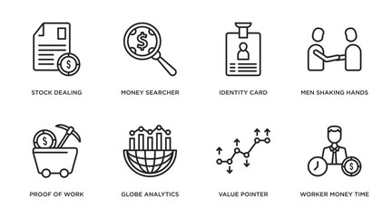 business outline icons set. thin line icons such as stock dealing, money searcher, identity card, men shaking hands, proof of work, globe analytics, value pointer, worker money time vector.