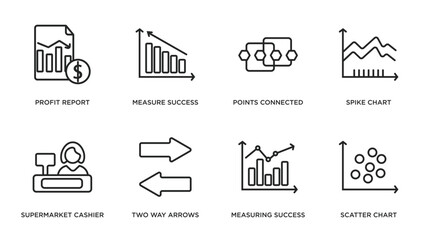 business outline icons set. thin line icons such as profit report, measure success, points connected chart, spike chart, supermarket cashier, two way arrows, measuring success, scatter chart vector.