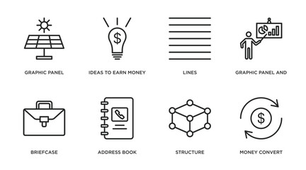 business outline icons set. thin line icons such as graphic panel, ideas to earn money, lines, graphic panel and man, briefcase, address book, structure, money convert vector.