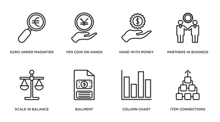 business outline icons set. thin line icons such as euro under magnifier, yen coin on hands, hand with money gear, partners in business, scale in balance, bailment, column chart, item connections