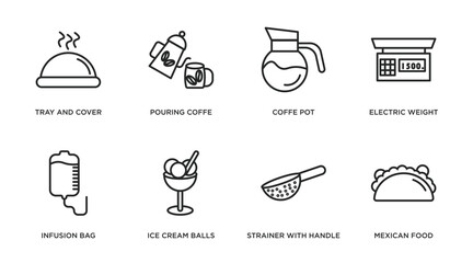 bistro and restaurant outline icons set. thin line icons such as tray and cover, pouring coffe, coffe pot, electric weight scale, infusion bag, ice cream balls cup, strainer with handle, mexican