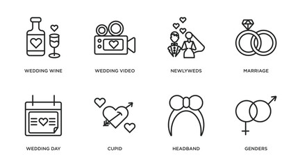 birthday and party outline icons set. thin line icons such as wedding wine, wedding video, newlyweds, marriage, wedding day, cupid, headband, genders vector.