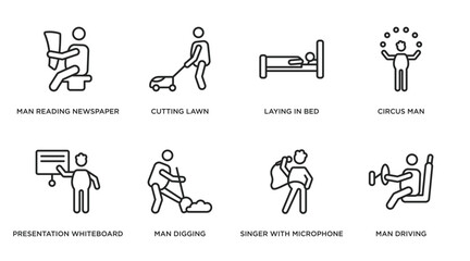 Fototapeta na wymiar behavior outline icons set. thin line icons such as man reading newspaper, cutting lawn, laying in bed, circus man, presentation whiteboard, man digging, singer with microphone, driving vector.