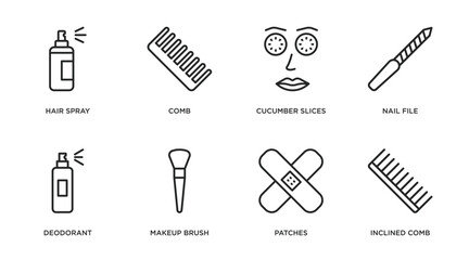 beauty outline icons set. thin line icons such as hair spray, comb, cucumber slices on face, nail file, deodorant, makeup brush, patches, inclined comb vector.