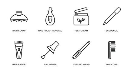 beauty outline icons set. thin line icons such as hair clamp, nail polish removal, feet cream, eye pencil, hair razor, nail brush, curling wand, one comb vector.